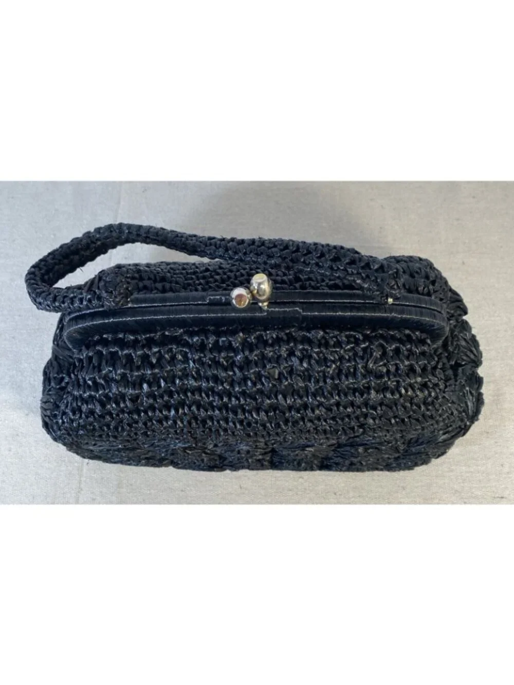 VTG Black Straw Raffia Woven 124 Japan Purse Handbag Gold Tone Clasp Closure EUC